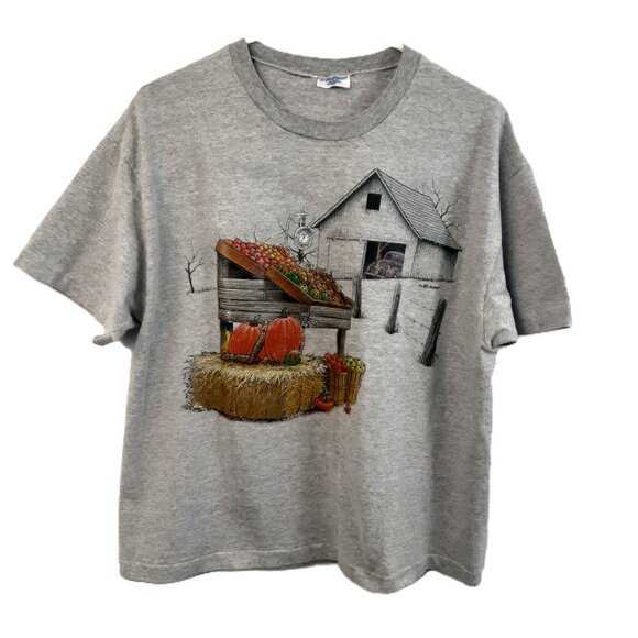 Womans T-Shirt LARGE Autumn Fall Barn Pumpkins Short Sleeve Pullover USA - Picture 1 of 8